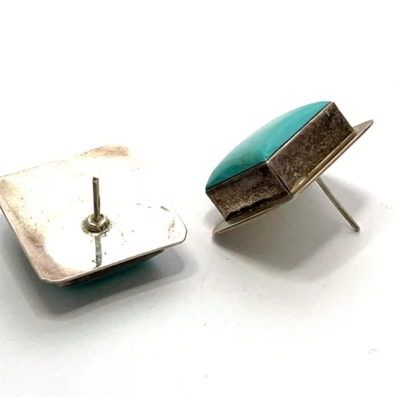 Silver Turquoise Square Post Earrings - Vintage - 7/8" Square - Mid Century - Picture 4 of 8